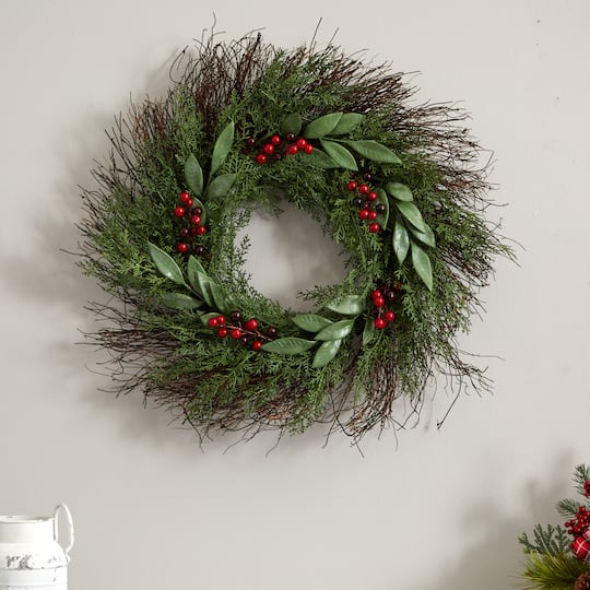 20" Cedar & Ruscus with Berries Wreath